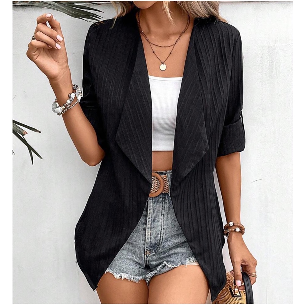 Ribbed Open front Cuffed Sleeve Blazer Jacket - Picture 3 of 13